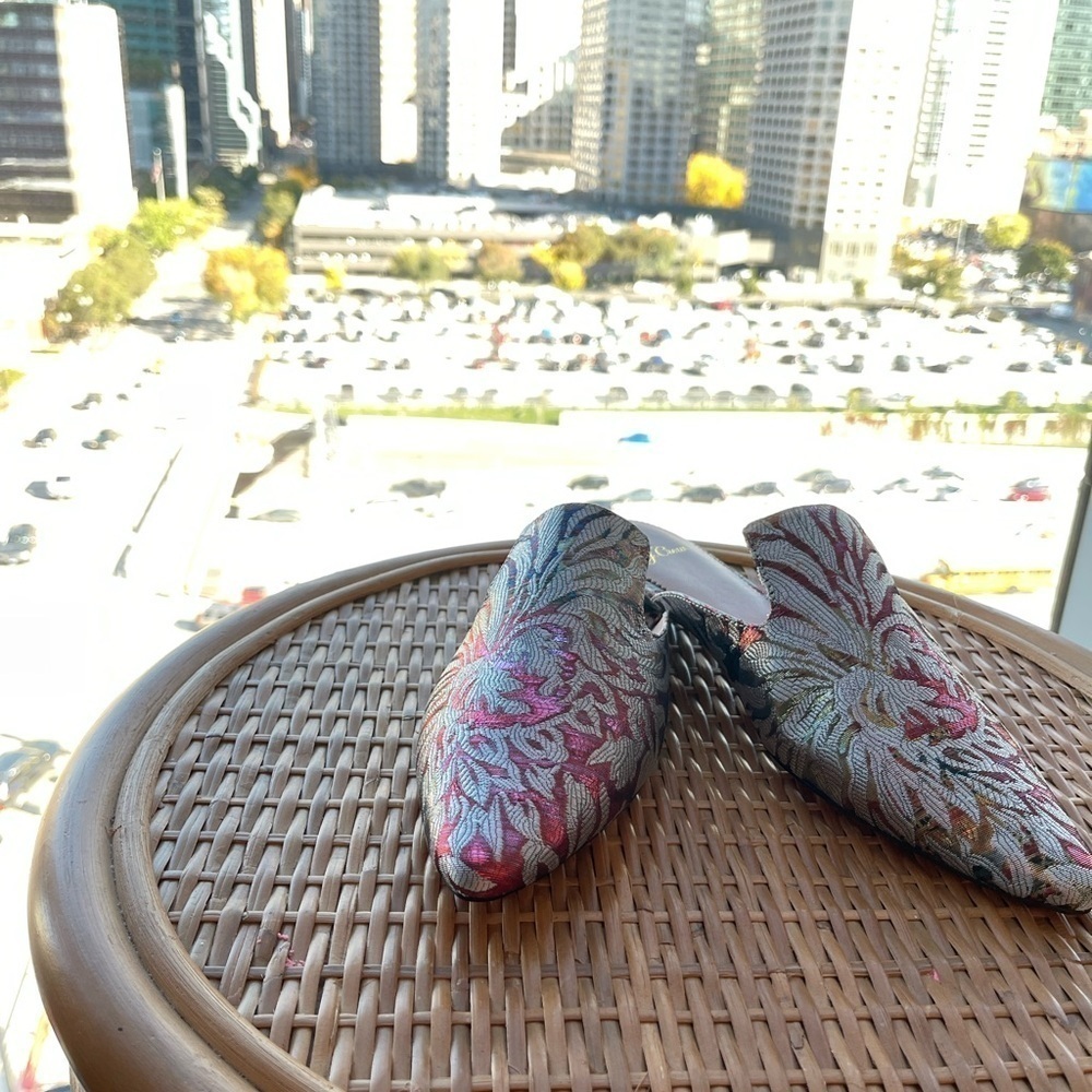 J.Crew Holiday Metallic Red and Silver Marina Slide Flat Mules Jacquard Size 9 - Picture 2 of 5